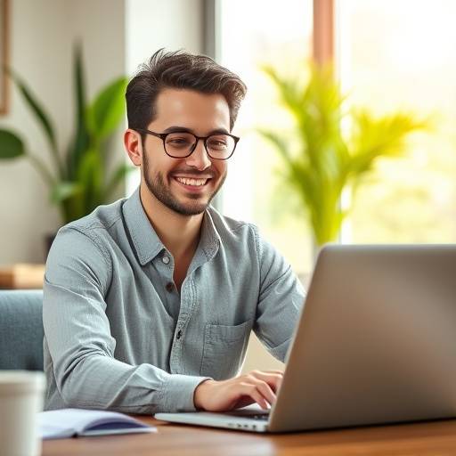 Image d'une personne souriant et motivée, travaillant sur un ordinateur portable dans un environnement agréable, symbolisant la motivation dans l'apprentissage en ligne.