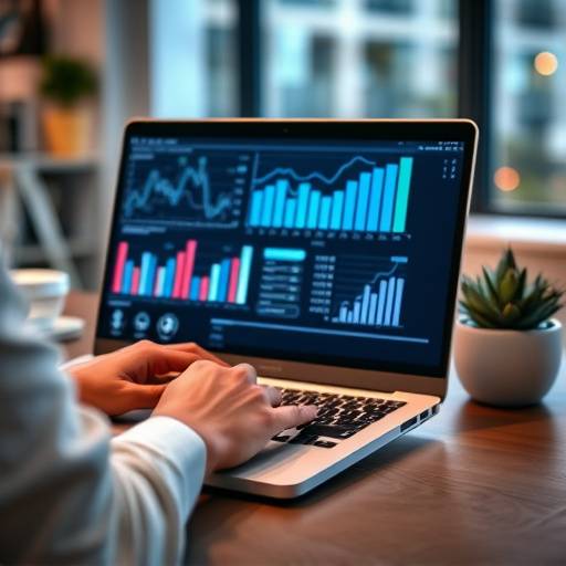 Image montrant une personne utilisant un ordinateur portable avec des graphiques de marketing numérique affichés à l'écran pour un cours de marketing digital.