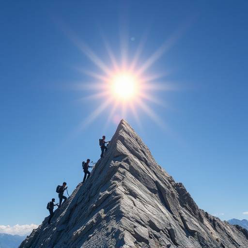 Image représentant des personnes gravissant une montagne symbolisant le développement personnel avec un soleil brillant au sommet.
